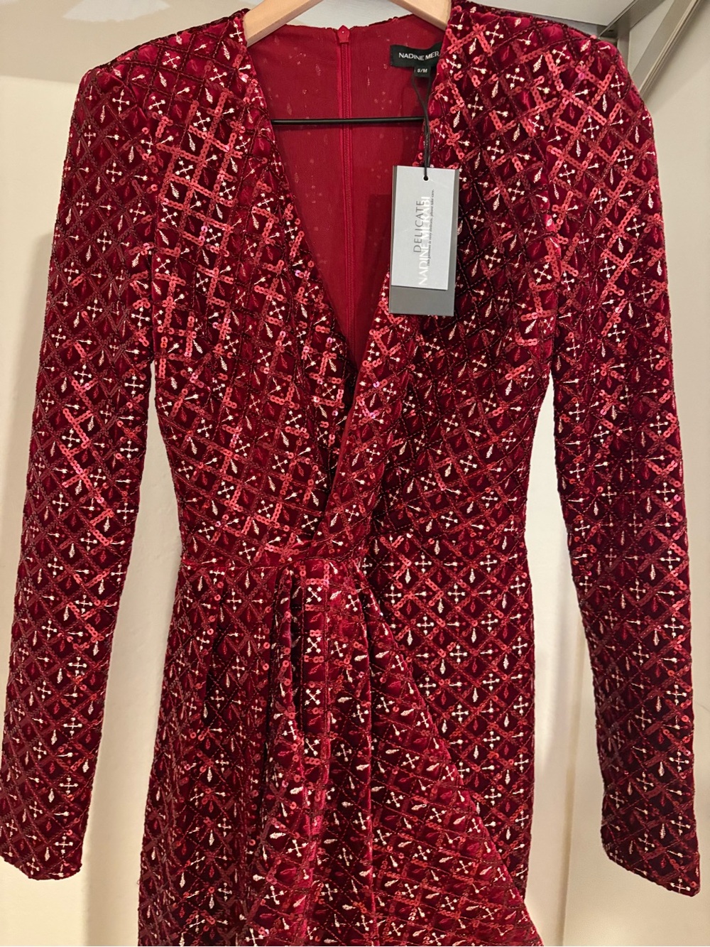 NADINE MERABI Red Embellished Mini Wrap Dress - Picture 4 of 5